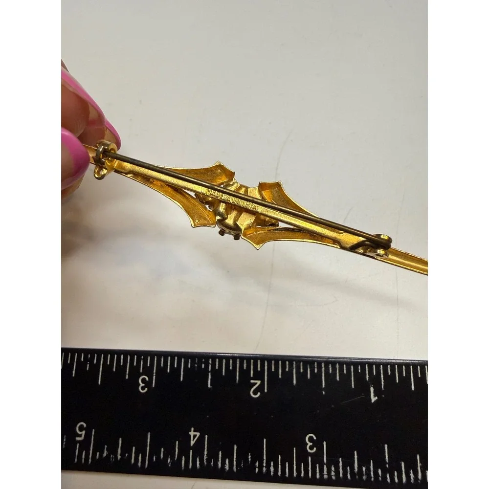 Vintage Made in Austria Gold Tone Faux Pearl Aurora Borealis  Bar Brooch